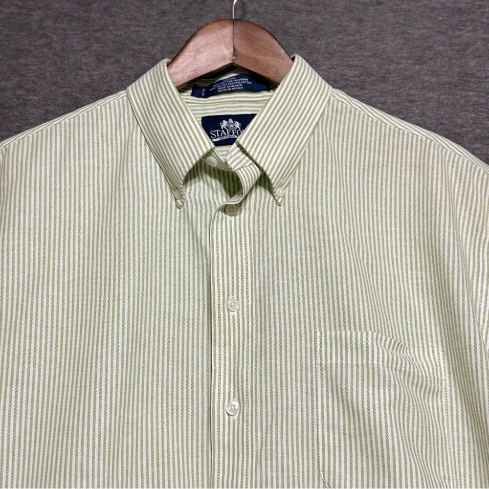 Stafford Oxford Green and White Stripe Casual Button Down Shirt